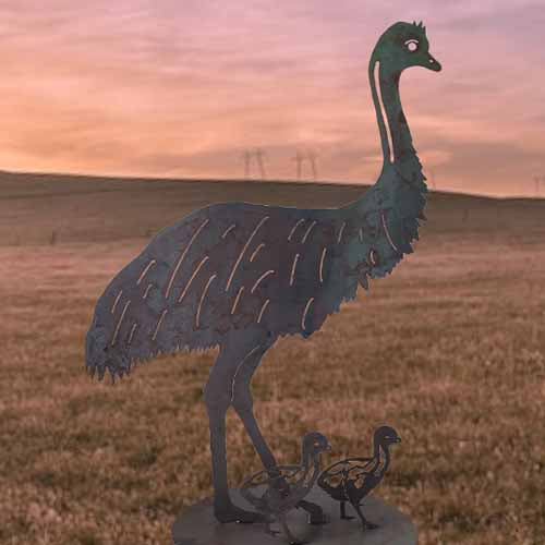 Emu Standing and Chicks on Round Base - Metal Art