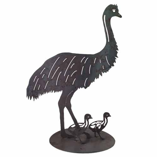 Emu Standing and Chicks on Round Base - Metal Art