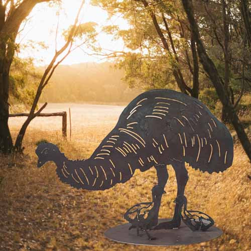 Emu Feeding and Chicks on Round Base - Metal Art