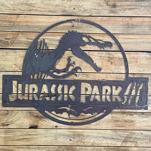 Jurassic Park III Metal Wall Art - Raw Finish Wooden Background