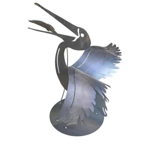 3D Metal Pelican Sculpture with Jumping Fish - Raw Finish