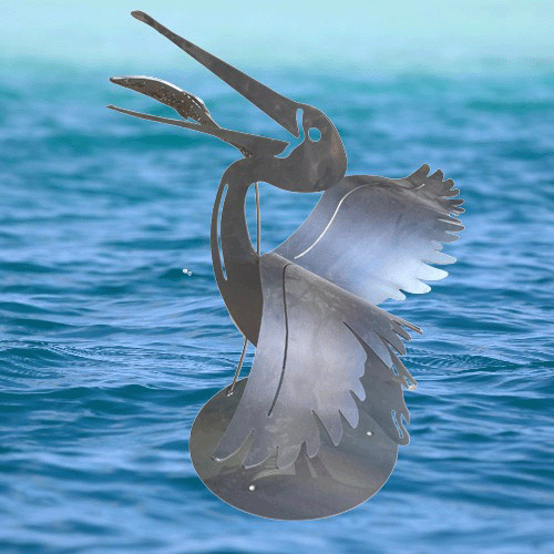 3D Metal Pelican Sculpture with Jumping Fish - Raw Finish