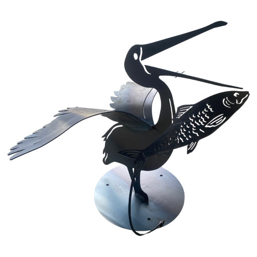 3D Metal Pelican Sculpture with Jumping Fish - Raw Finish