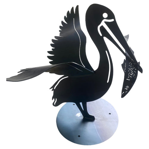 3D Metal Pelican Sculpture with Fish in Mouth - Raw Finish