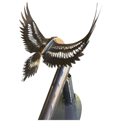 3D Metal Eagle Sculpture Landing on Log - Medium - Raw Finish