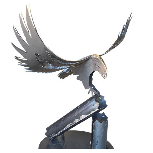 3D Metal Eagle Sculpture Landing on Log - Medium - Raw Finish