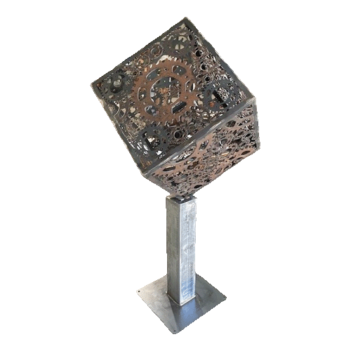 3D Cube Sculpture with Cog Inserts - Raw Finish