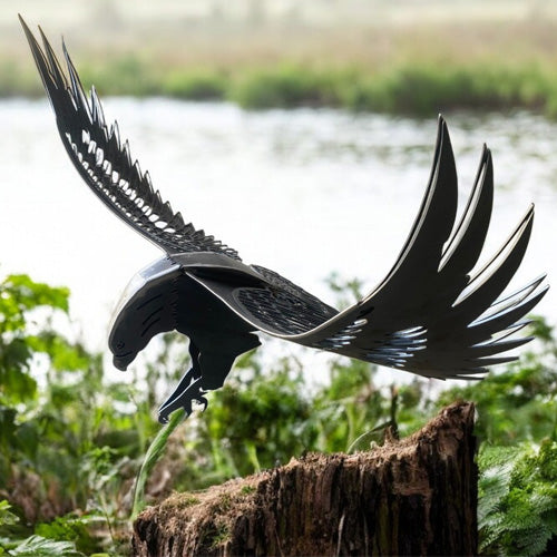 3D Metal Eagle Sculpture in Flight - Medium - Raw Finish Stump Background
