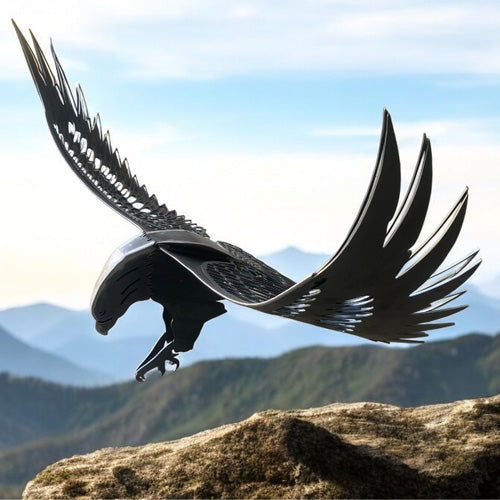 3D Metal Eagle Sculpture in Flight - Medium - Raw Finish Mountain Background