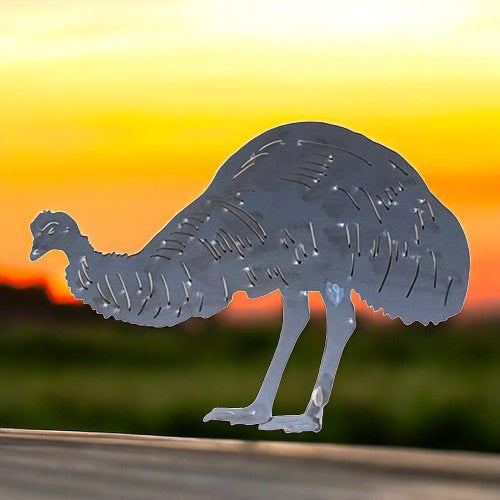 Rustic Feeding Emu Garden Stake - Raw Finish Metal Art 