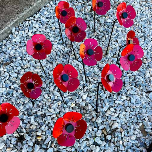 Flower - Red Poppy on Stake - Metal Art - Small 100mm Wide Multiple
