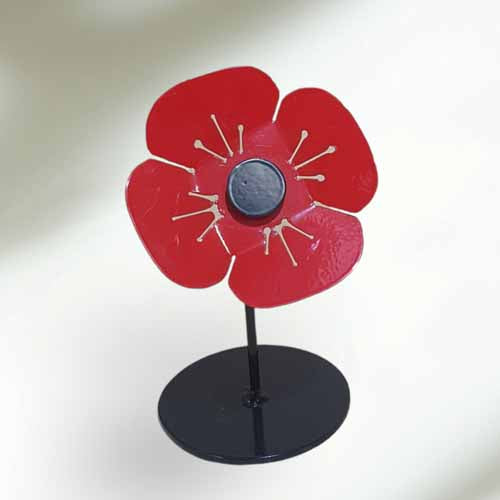 Flower - Red Poppy on Base - Metal Art - Small 100mm Wide