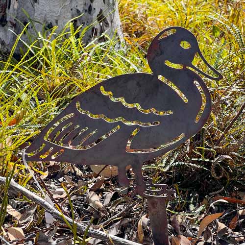 Mother Duck Metal Garden Art in Bush Setting Close Up