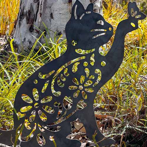 Cat Decorative Metal Garden Stake in Bush Setting Close Up