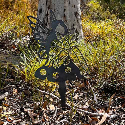 Fairy Metal Garden Stake in Bush Setting