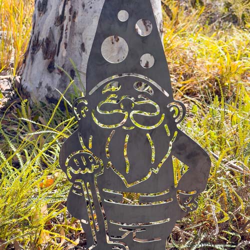 Gnome Metal Garden Stake in Bush Setting Close Up